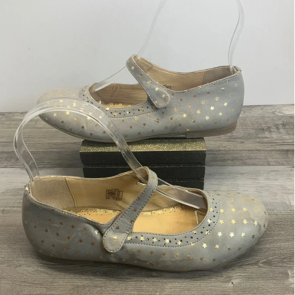 Mini Boden Girls Star Print Leather Mary Jane Flats Blue Gold EU 33 US 2 C1698